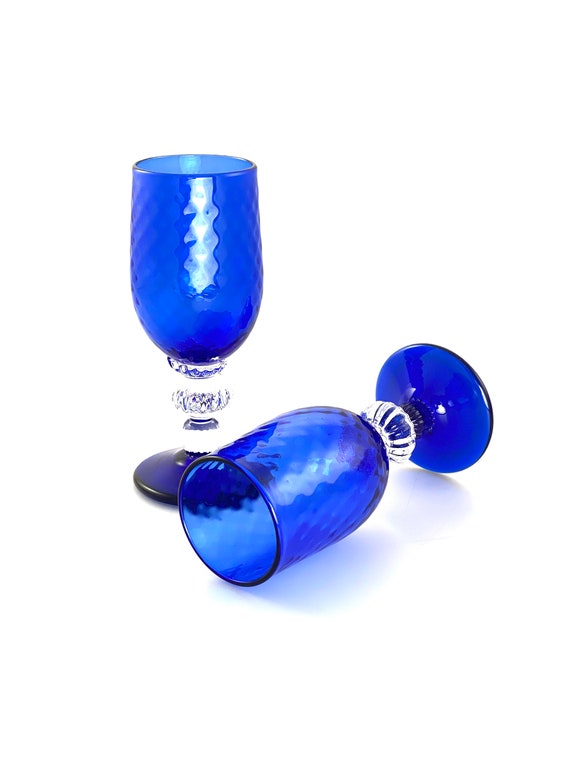 Hand Blown Wine Glass Pair in Cobalt Blue with Clear Stem Accent