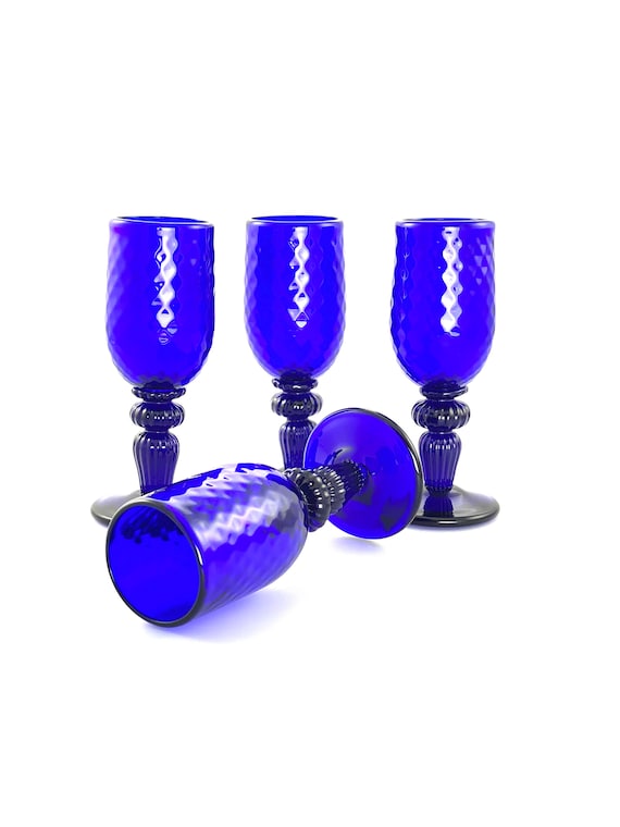 Hand Blown Wine Glass Set of Four in Cobalt Blue