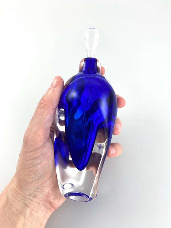 Cobalt Blue Overlay Perfume Bottle - Hand Made Art Glass