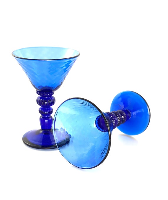 Hand Blown Martini Glass Pair in Cobalt Blue