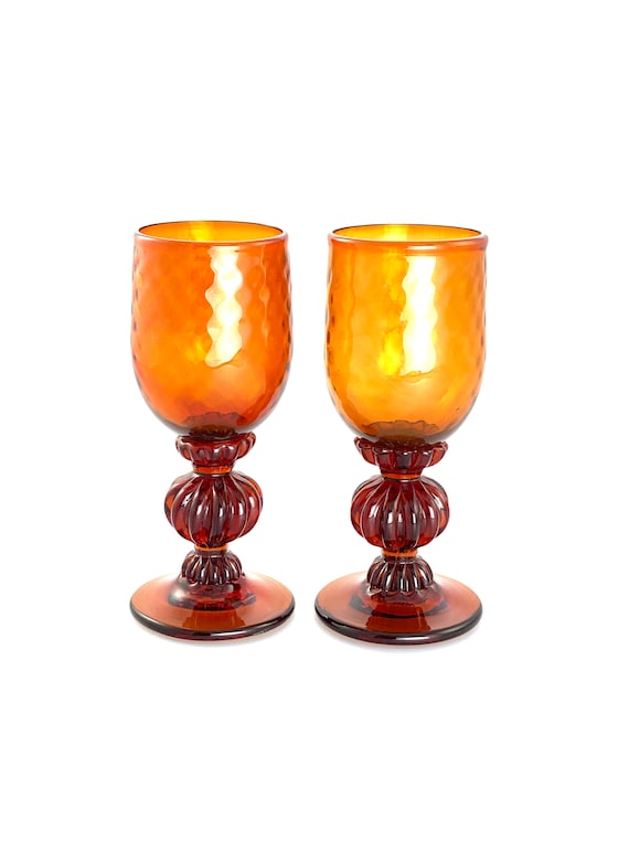 Hand Blown Wine Glass Pair in Rust Orange/Brown/Red