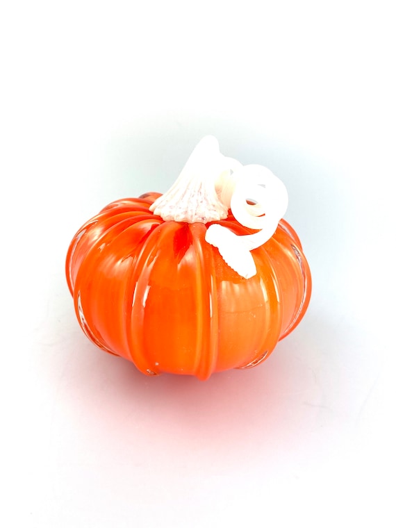 Small Glass Pumpkin - 4” - Opaque Bright Orange - White Stem