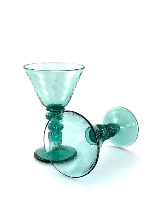 Hand Blown Martini Glass Pair in Lagoon Green/Blue