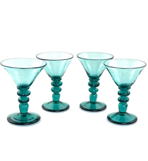 Hand Blown Martini Glass Set of Four in Lagoon Green/Blue