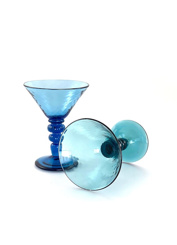 Hand Blown Martini Glass Mixed Color Pair in Aqua Green/Blue And Sky Blue