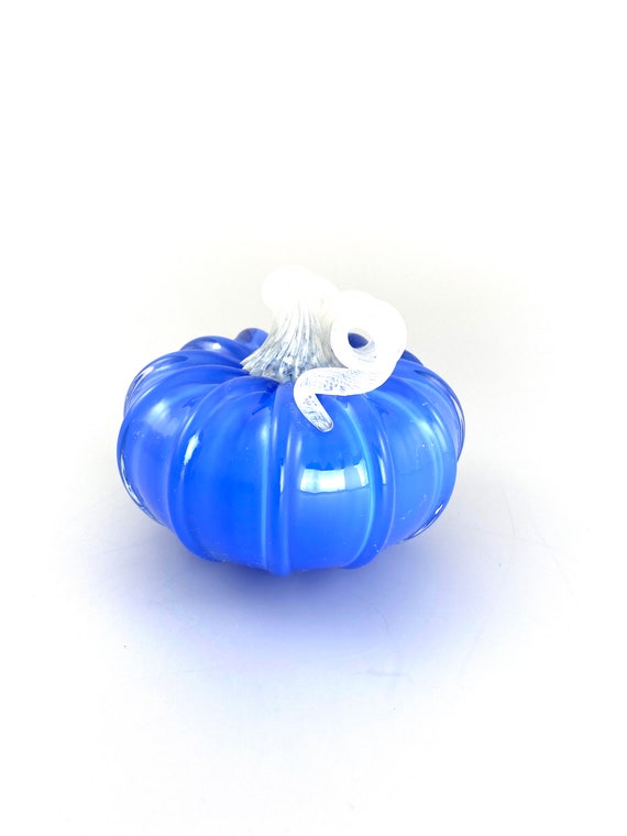 Small Glass Pumpkin - 4” - Opaque Cornflower Blue - White Stem