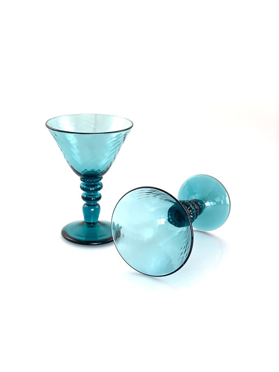 Hand Blown Martini Glass Pair in Aqua Green/Blue