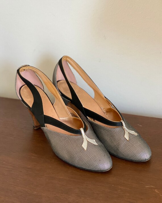 1920s Silver Black Satin Evening Shoes Vintage