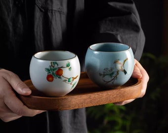 Pair of Vintage-inspired Ospiciou Chinese Tea Cups Gift Box Set/Ru Ware Kungfu Tea Cup Gift Set in Scene of Spring Blooming and Autumn Fruit