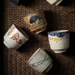 Japanese Style Ceramic Tea/Soup Cup in 4 Oriental Patterns/150ml Volume/Sushi Dinning Ware/Oriental Tea Table Ware/