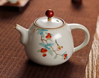 Vintage Style Ceramic Chinese Tea Pot/Classic Ru Ware/Kung Fu Teapot/Hand painted/Ice crack Jade Effect Jingdezhen Ware - Flower/Bird Series