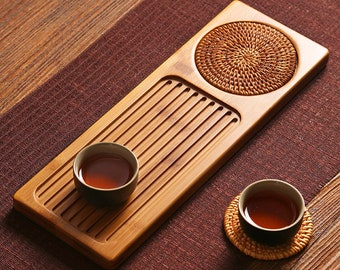 Bandeja de té rectangular de bambú con tapete de paja para té chino Kungfu/bandeja de exhibición de juego de té chino/presentación de juego de té Oriental de la tarde