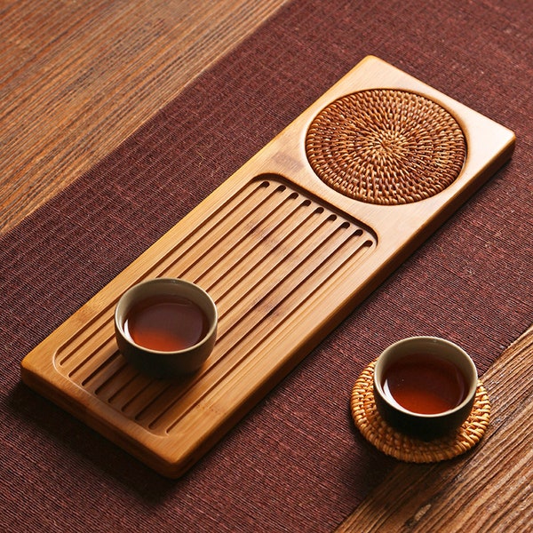 Rectangular Bamboo Tea Tray with Straw Mat for Chinese Kungfu Tea/Chinese Tea set Display Tray/Afternoon Oriental Tea Set Presentation