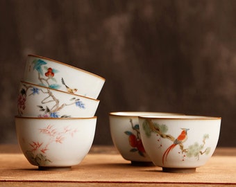 Chinese Ceramic Ru Ware Tea Cup/Flower Bird Series Cups/Kung Fu Tea/Stone ware Tea cup set/coffee cups/Vintage antique style tea ceremony