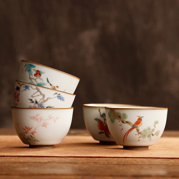Chinese Ceramic Ru Ware Tea Cup/Flower Bird Series Cups/Kung Fu Tea/Stone ware Tea cup set/coffee cups/Vintage antique style tea ceremony