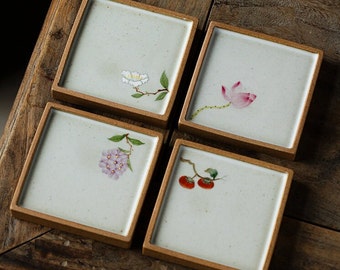 Mimimalism Styled Ceramic Tile Coasters with Oreintal Floral Painting - Lotus, Hydrangea, White Camille, and Persimmon