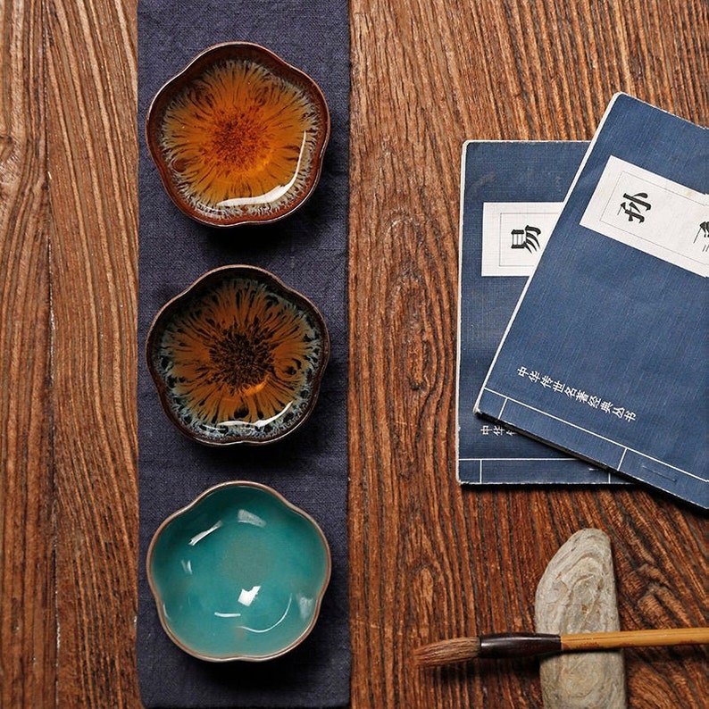Set of 3 Colors ChineseJapanese Oriental Ceramic Peach Blossom Tea CupKung Fu Tea Cups in Transmutation GlazeTea Ceremony Display Cups