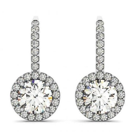 2 Carats Round Brilliant Diamonds Halo Drop Earrings | Etsy