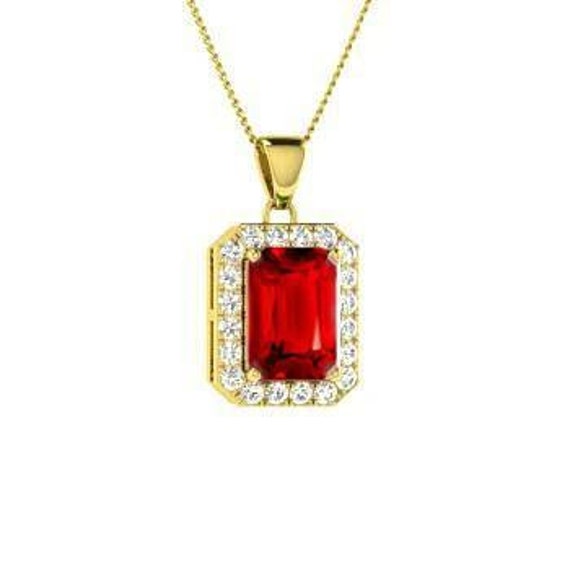 14K Yellow Gold Emerald Cut Ruby With Diamond Pendant 4.25 Etsy