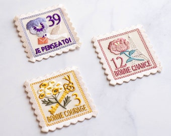 Aplique termocolante vintage com selos franceses, aplique bordado termocolante, apliques estilosos, aplique de alta qualidade, ótima ideia para presente, aplique termocolante moderno de 5 cm