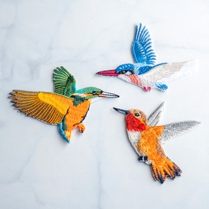 Può includere: Tre toppe ricamate da stirare con uccelli colorati. La prima toppa è un martin pescatore blu e bianco, la seconda è un martin pescatore verde e arancione, e la terza è un colibrì con piume arancioni e rosse.