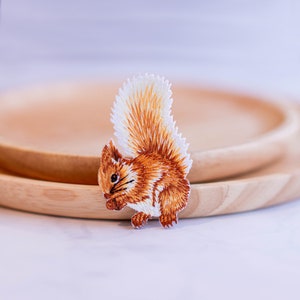 Puede incluir: Un parche bordado de ardilla marrón y blanco con una cola esponjosa. El parche está sobre una superficie de madera.