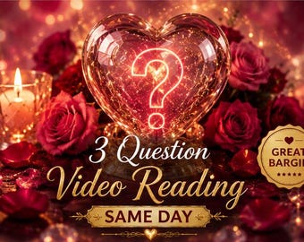 May include: A heart-shaped glass ornament containing a glowing question mark, surrounded by red roses and a lit candle. Text reads: 3 Question Video Reading, SAME DAY, and a gold badge stating GREAT BARGIN with five stars and a small heart icon.