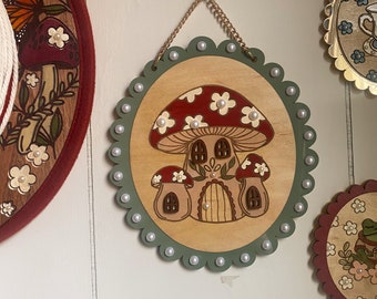 MUSHROOM CUTE COTTAGE wall hanging, cottage core decor, hand painted wooden decor,retro flowers