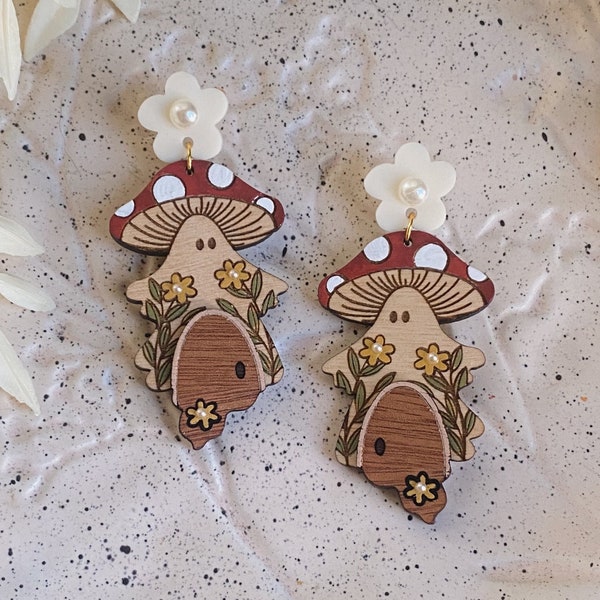 MUSHIE COTTAGE WOODEN ghost earrings, cottage core decor, hand painted wooden decor,retro flowers