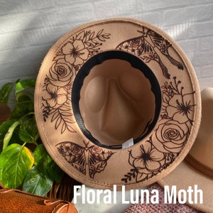 CUSTOMIZABLE LASER ENGRAVED, wide brim hat, gift for her, bohemian accessories, Panama hat, bees and flowers, floral, baddie, Luna moth