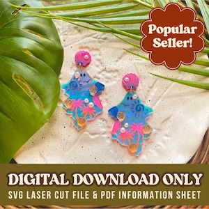 May include: A pair of tropical-themed earrings in blue, pink, and orange. The earrings feature a palm tree and seashell design, with a pink seashell at the top. The earrings are labelled as a "Popular Seller!"