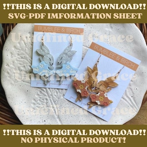 Puede incluir: Se muestran dos pares de pendientes con forma de conejito. Un par tiene vestidos azul claro, el otro vestidos naranjas con estampados florales. El texto "BUMBLEE & BIRCH" es visible en las tarjetas. La imagen también incluye el texto "THIS IS A DIGITAL DOWNLOAD!!" y "NO PHYSICAL PRODUCT!"