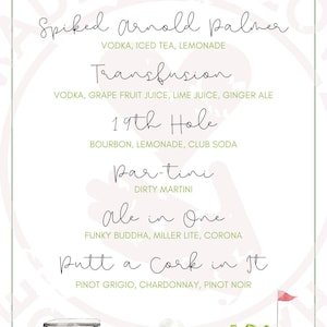 May include: A cocktail menu with a golf theme. The menu features six cocktail names with their ingredients listed below. A golf cart and a golf course illustration are at the bottom of the menu.