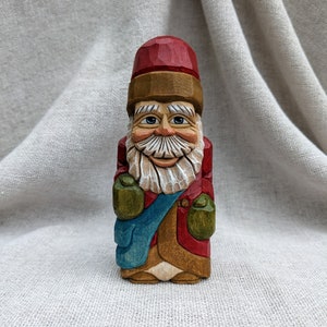 Wood Carving - Hand Carved Wooden Santa Claus Figure In A Red And Brown Robe - Whittling Christmas Decorations - Carve New Year Wood Gifts