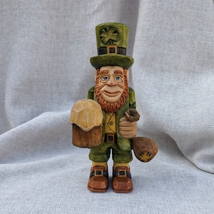 Wood Carving - Hand Carved Leprechaun Figure With Beer And Coin pouch - St. Patrick&#39;s Day Carvings - Whittling Wooden Leprechaun In green