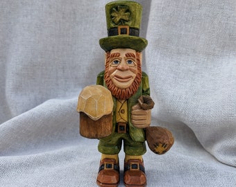 Wood Carving - Hand Carved Leprechaun Figure With Beer And Coin pouch - St. Patrick's Day Carvings - Whittling Wooden Leprechaun In green