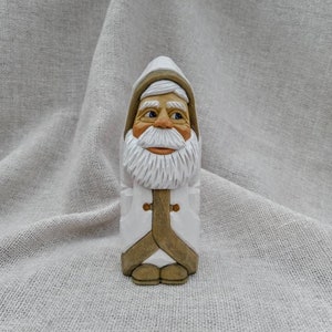 Wood Carving - Hand Carved Santa Figure In White Coat - Christmas Carving Gifts - Xmas Decoration - Whittling Santa Claus Ornament