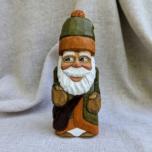 Wood Carving - Hand Carved Wooden Santa Sculpture In Green And Orange Coat - Carved Christmas Gifts - Whittling Christmas decoration