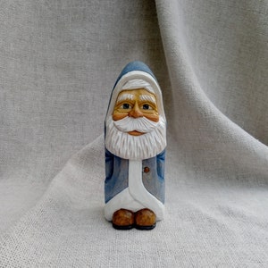Wood Carving - Hand Carved Santa Figure - Wooden Santa In Blue Coat - Christmas Carving Gifts - Xmas Decor - Whittling Santa Claus Ornaments