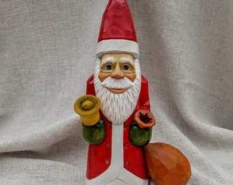 Wood Carving - Hand Carved Wooden Santa In Red With Gift Sack And Bell - Whittling Wood Santa Claus Figurine - Christmas Carving Decorations