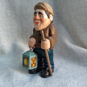 Wood carving - hand carved wood character - carve a man - whittling character with a lantern - father&#39;s day gift  4.75&#39; ×1.75&#39; × 1.75&#39; inch.