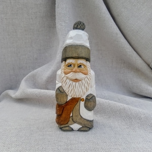 Wood Carving - Wooden Santa - Hand Carved Santa Claus In White Coat - Christmas Carving Decoration - Whittling santa Figurine - Santa Statue