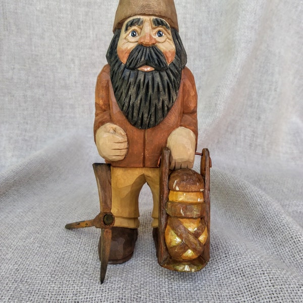 Wood carving - hand carved coal miner figurine - whittling coal miner holding mining lamp - wooden miner man - digger - wooden miner statue