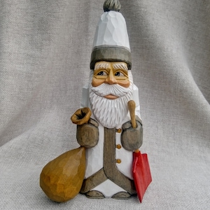 Wood Carving - Hand Carved Wood Santa In White Coat - Christmas Carving Ornaments - Whittling Wooden Santa Claus - Christmas Decorations
