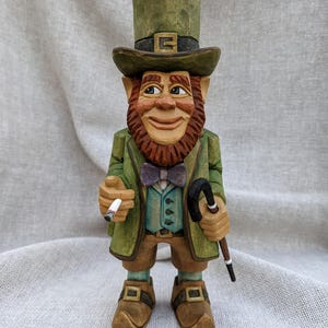 Wood Carving - Hand Carved Leprechaun Figure With A Cane And A Cigarette In His Hand - St. Patrick&#39;s Day Gifts - Whittling Wooden Leprechaun