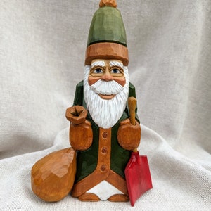 Hand Carved Wooden Santa In Dark Green And Gold Robe - Whittling Santa With a Gift Sack And Snow shovel - Wood Carving figures for Christmas