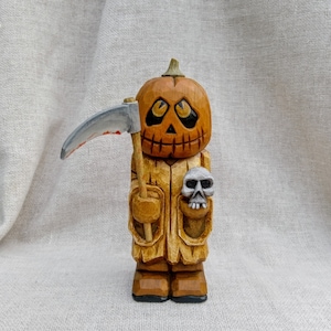 Wood Carving - Hand Carved Halloween Pumpkin Man Figurine With Scythe And Skull - Whittling Halloween Characters - Halloween Decorations