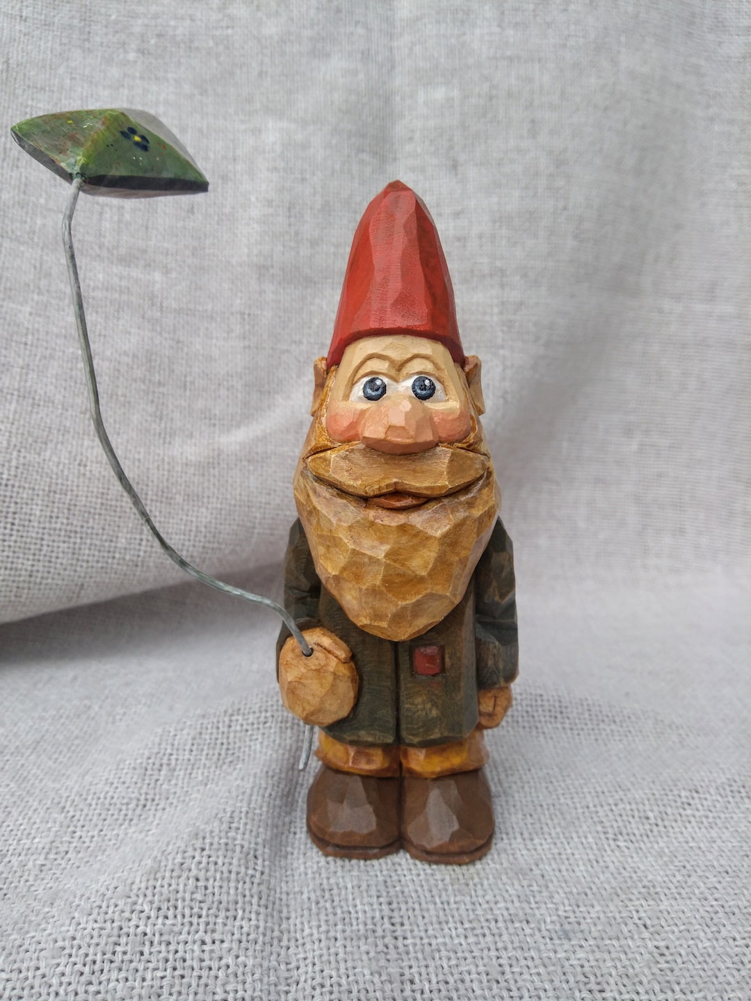 Wood Carving Hand Carved Gnome Wood Gnome With Kite Whittling Gnome Figure Kite Carve Carving
