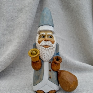 Wood Carving - Hand Carved Wood Santa Figurine In Blue Coat - Whittling Santa Sculpture - Carved Christmas Wood Gifts - Christmas Decoration