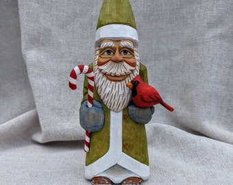 Wood Carving - Hand Carved Wood Santa Figure In A Green And White Robe- Whittling Wooden Santa Claus With Candy Cane And Red Cardinal Bird